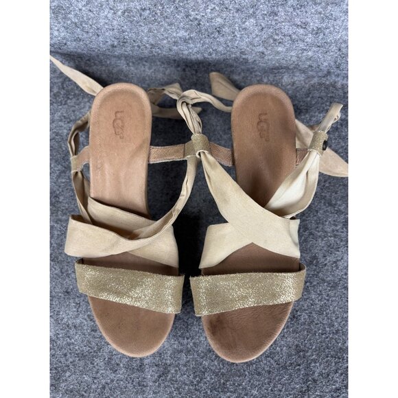 UGG Wedge Sandal Shoes Womens Size 6.5 Gold Glitter Strap Beige Tie Up - Picture 2 of 8